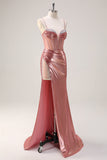 Blush Spaghetti Straps Mermaid Metallic Corsetto Abito da cerimonia con fessura