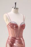 Blush Spaghetti Straps Mermaid Metallic Corsetto Abito da cerimonia con fessura