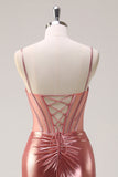 Blush Spaghetti Straps Mermaid Metallic Corsetto Abito da cerimonia con fessura