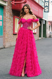 Fucsia Tiered A-Line Off the Spalla Corsetto Lungo Abito da cerimonia con Perline