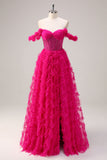 Fucsia Tiered A-Line Off the Spalla Corsetto Lungo Abito da cerimonia con Perline