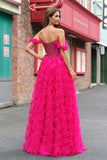 Fucsia Tiered A-Line Off the Spalla Corsetto Lungo Abito da cerimonia con Perline