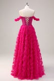 Fucsia Tiered A-Line Off the Spalla Corsetto Lungo Abito da cerimonia con Perline