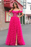 Fucsia Tiered A-Line Off the Spalla Corsetto Lungo Abito da cerimonia con Perline