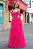 Fucsia Tiered A-Line Off the Spalla Corsetto Lungo Abito da cerimonia con Perline