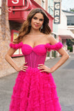 Fucsia Tiered A-Line Off the Spalla Corsetto Lungo Abito da cerimonia con Perline