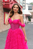 Fucsia Tiered A-Line Off the Spalla Corsetto Lungo Abito da cerimonia con Perline