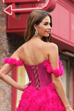 Fucsia Tiered A-Line Off the Spalla Corsetto Lungo Abito da cerimonia con Perline