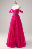 Fucsia A-Line Tiered Off la spalla lungo corsetto Abito da cerimonia con perline