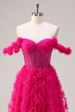 Fucsia A-Line Tiered Off la spalla lungo corsetto Abito da cerimonia con perline