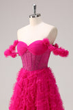 Fucsia A-Line Tiered Off la spalla lungo corsetto Abito da cerimonia con perline