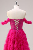 Fucsia A-Line Tiered Off la spalla lungo corsetto Abito da cerimonia con perline