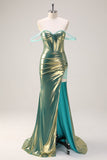 Verde Off the Shoulder Mermaid Metallic Corsetto Lungo Abito da cerimonia con fessura