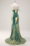 Verde Off the Shoulder Mermaid Metallic Corsetto Lungo Abito da cerimonia con fessura