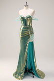 Verde Off the Shoulder Mermaid Metallic Corsetto Lungo Abito da cerimonia con fessura