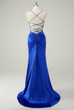 Royal Blue Mermaid Corsetto Spaghetti Straps Appliqued Abito da cerimonia lungo