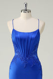 Royal Blue Mermaid Corsetto Spaghetti Straps Appliqued Abito da cerimonia lungo