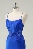 Royal Blue Mermaid Corsetto Spaghetti Straps Appliqued Abito da cerimonia lungo