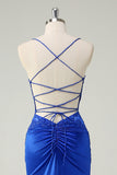 Royal Blue Mermaid Corsetto Spaghetti Straps Appliqued Abito da cerimonia lungo