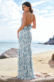 Fiore blu sirena cavezza chiffon backless abito da damigella d'onore lungo con volant