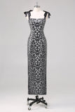 Abito formale con guaina leopardata grigio scintillante