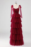Borgogna A Line Legato Spallacci Tiered Tulle Abito Formale