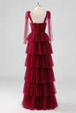 Borgogna A Line Legato Spallacci Tiered Tulle Abito Formale
