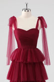 Borgogna A Line Legato Spallacci Tiered Tulle Abito Formale