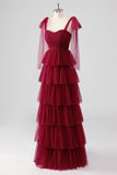 Borgogna A Line Legato Spallacci Tiered Tulle Abito Formale