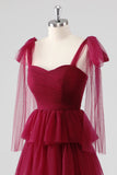 Borgogna A Line Legato Spallacci Tiered Tulle Abito Formale