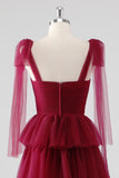 Borgogna A Line Legato Spallacci Tiered Tulle Abito Formale