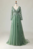Sage V-neck Applique A-Line Prom Dress