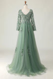 Sage V-neck Applique A-Line Prom Dress