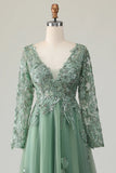 Sage V-neck Applique A-Line Prom Dress