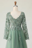 Sage V-neck Applique A-Line Prom Dress