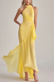 Giallo chiaro Halter Neck sirena chiffon lungo abito da sposa ospite