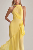 Giallo chiaro Halter Neck sirena chiffon lungo abito da sposa ospite