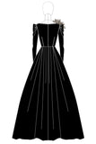 Satin nero scollo a barca maniche lunghe A-Line abito da sposa lungo ospite