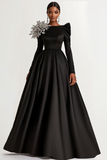 Satin nero scollo a barca maniche lunghe A-Line abito da sposa lungo ospite