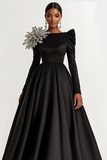 Satin nero scollo a barca maniche lunghe A-Line abito da sposa lungo ospite