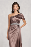 Taupe Satin One Spalla Madre di Abito Da Sposa