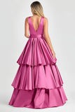 Fucsia A-Line V Neck Ruffles Abito lungo da cerimonia