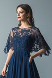 Pizzo Navy Scoop Neck Increspato A Line Flare Maniche Madre del Vestito Da Sposa