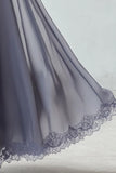 Dusty Blue A Line Lace Chiffon Abito da damigella d'onore con maniche corte