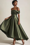 Off the Shoulder Olive A-Line increspato raso lunghezza alla caviglia madre del vestito da sposa