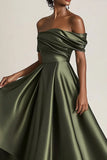 Off the Shoulder Olive A-Line increspato raso lunghezza alla caviglia madre del vestito da sposa