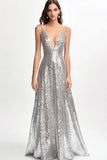 Sparkly V Neck Silver Paillettes A Line Abito Formale