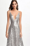 Sparkly V Neck Silver Paillettes A Line Abito Formale