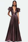 Dusty Purple V-Neck Plissettato Metallic Satin Abito Formale