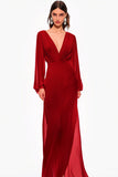 Rosso V-Neck Chiffon Madre Della Sposa Abito Con Maniche Lunghe